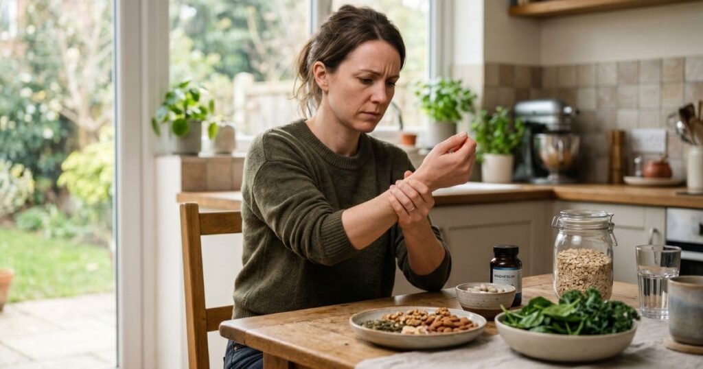 Frau mit Muskelzucken in der Hand sitzt am Tisch mit magnesiumreichen Lebensmitteln und Nahrungsergänzungsmitteln