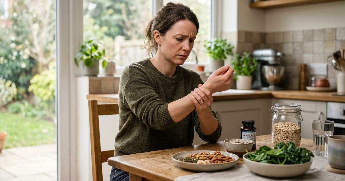 Frau mit Muskelzucken in der Hand sitzt am Tisch mit magnesiumreichen Lebensmitteln und Nahrungsergänzungsmitteln