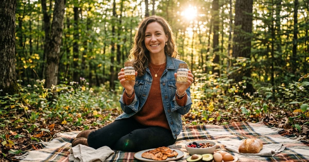 Frau sitzt im Wald beim Picknick mit Omega 3 und Vitamin D und gesunden Lebensmitteln