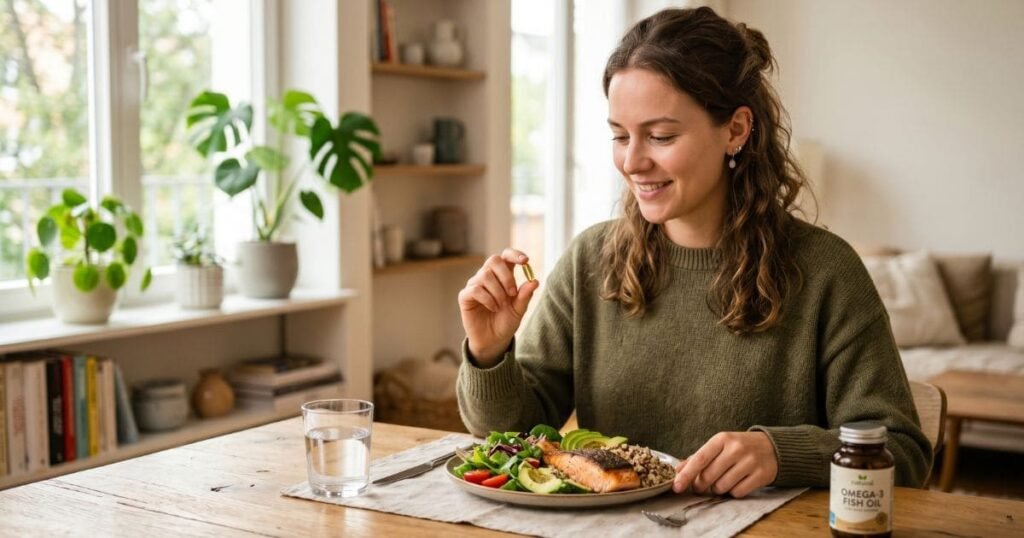 Frau nimmt Omega 3 Kapsel während einer Mahlzeit mit gesunden Fetten wie Fisch und Avocado ein