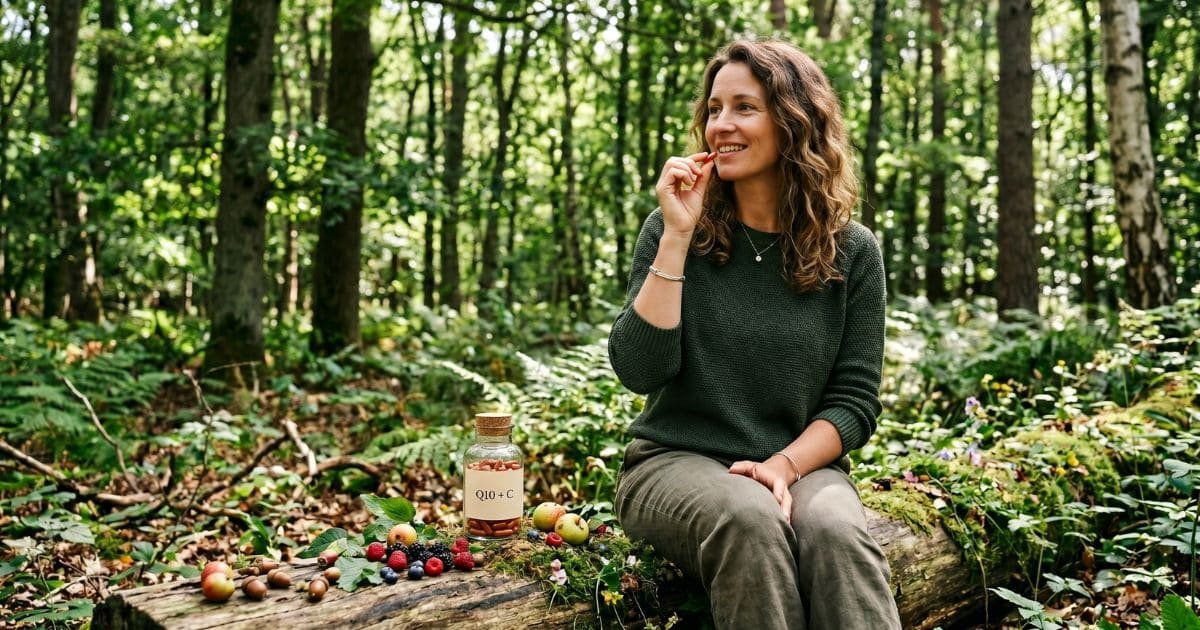 Frau sitzt entspannt im Wald und nimmt Nahrungsergänzung mit Vitamin C und OPC ein, natürliche Umgebung