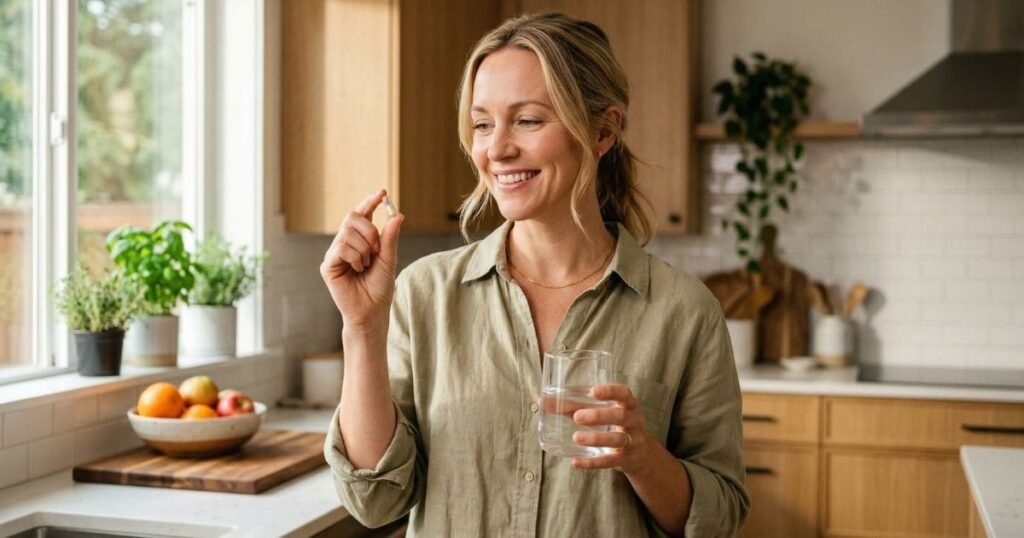 Eine lächelnde Frau in ihrer hellen Küche nimmt eine Probiotika-Kapsel mit einem Glas Wasser ein, um ihre Darmflora aufzubauen.