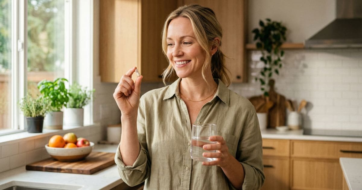 Eine lächelnde Frau in ihrer hellen Küche nimmt eine Probiotika-Kapsel mit einem Glas Wasser ein, um ihre Darmflora aufzubauen.
