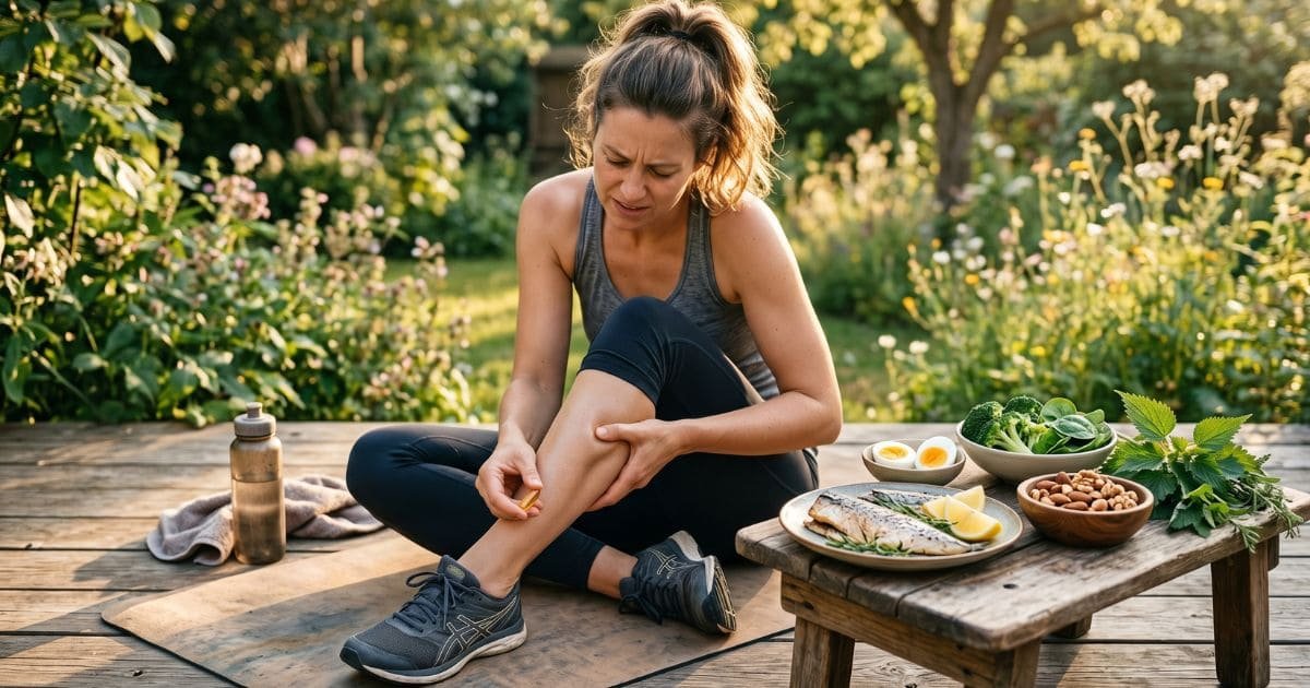 Frau mit Muskelkrampf im Bein hält Kapsel, daneben Q10-reiche Lebensmittel wie Fisch, Eier, Nüsse und grünes Gemüse