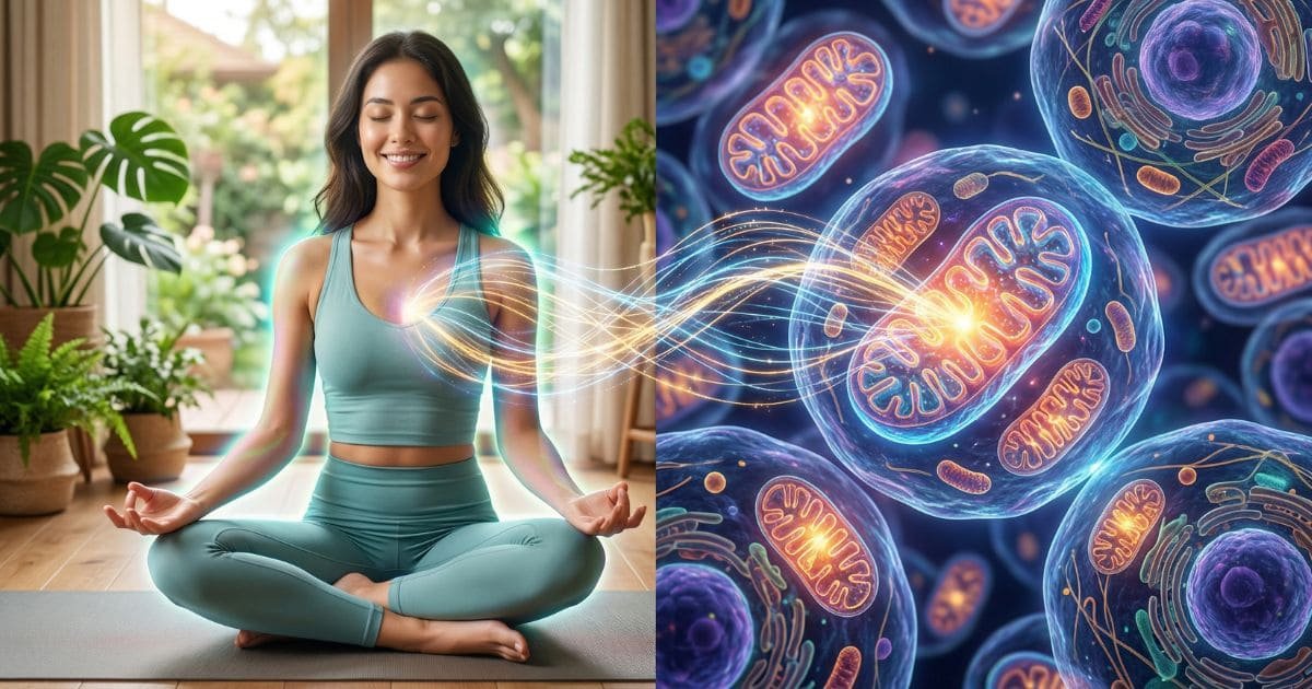 Frau in entspannter Haltung mit visualisiertem Energiefluss vom Herzen zu den Zellen, Darstellung der Q10-Wirkung im Körper