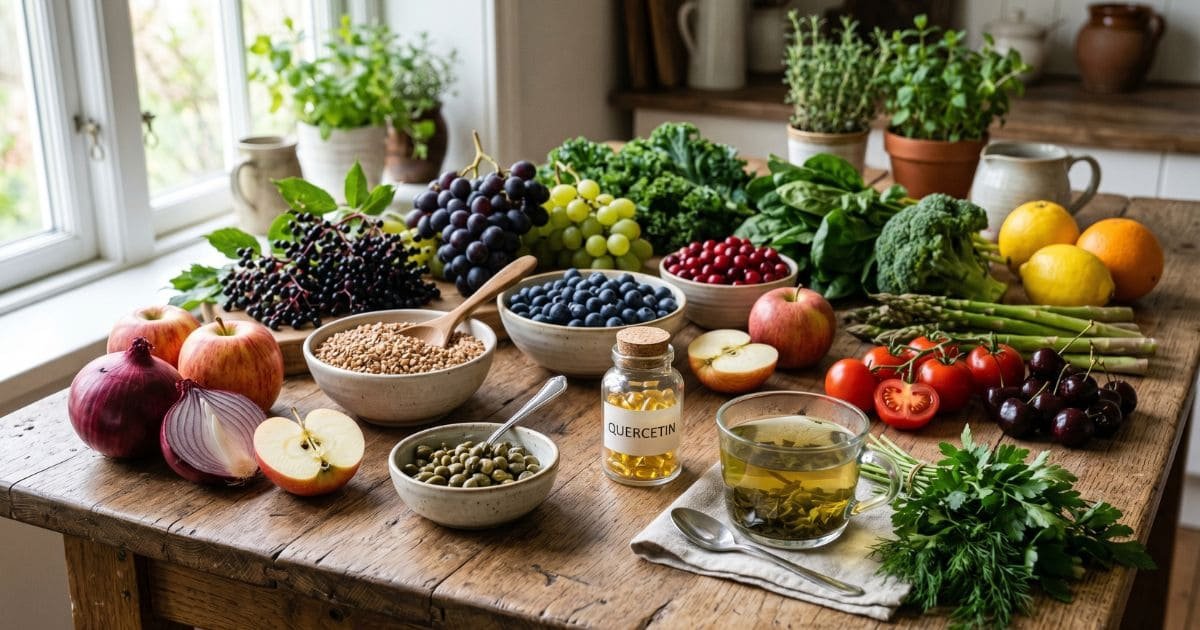 Quercetin Lebensmittel wie rote Zwiebel, Äpfel, Beeren, Buchweizen und grüner Tee auf einem Tisch