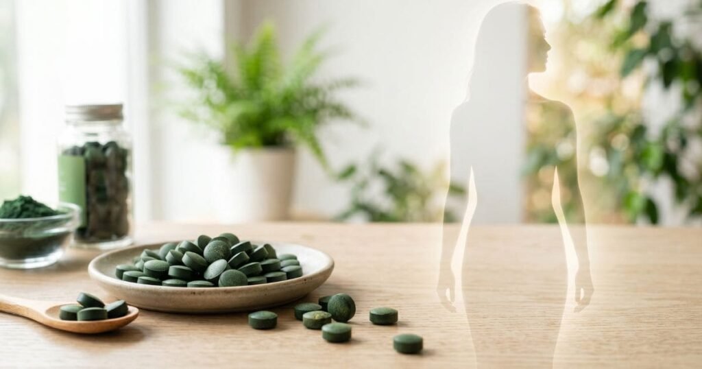 Spirulina Presslinge auf Tisch mit transparenter menschlicher Silhouette als Symbol für Nährstoffaufnahme