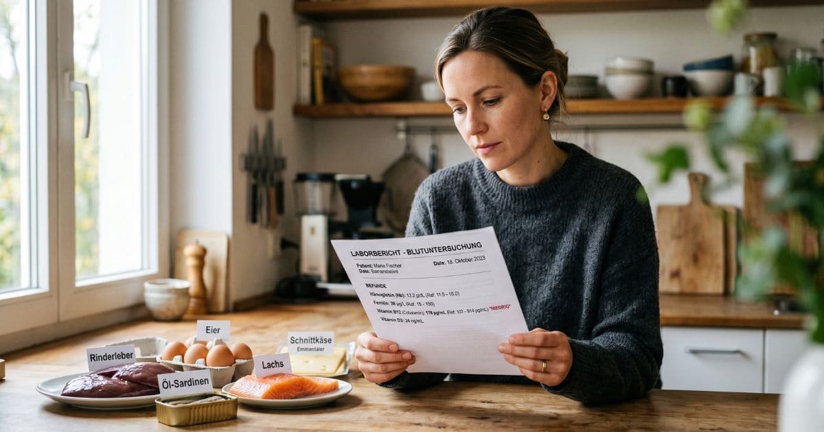 Frau analysiert Vitamin B12 Test und Blutwerte in der Küche mit B12 Lebensmitteln wie Fisch, Eier und Leber