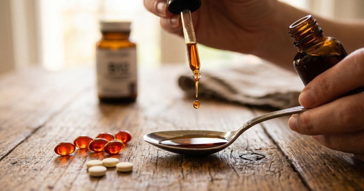 Vitamin B12 Tropfen werden mit Pipette in einen Löffel gegeben, daneben liegen Kapseln und Tabletten auf einem Holztisch