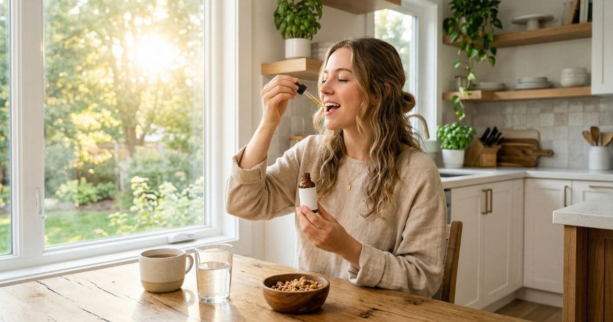 Frau nimmt Vitamin D3 K2 Tropfen am Tisch bei Sonnenlicht in der Küche ein