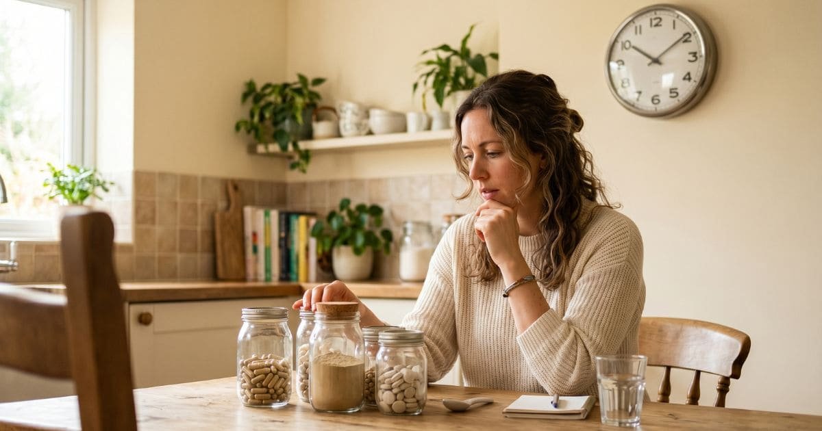 Frau sitzt am Tisch und überlegt welche Vitamine sie morgens oder abends einnehmen soll